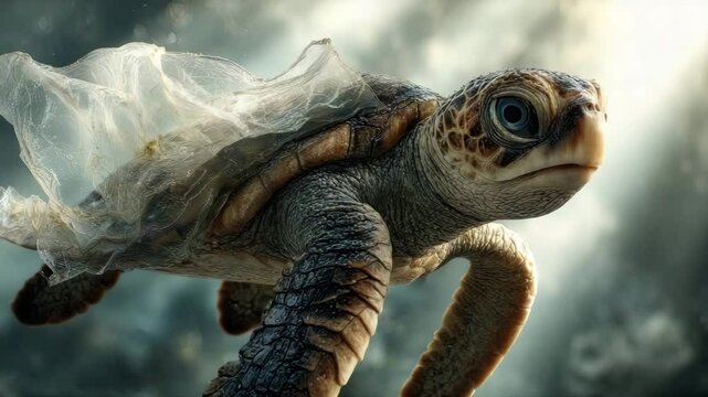 Plastic pollution sea turtle with plastic bag, sea turtle with plastic bag, sea turtle with plastic bag trapped underwater ocean pollution crisis