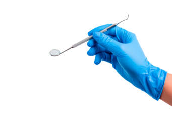 Dentist's gloved hand holding a dental mirror isolated on transparent background