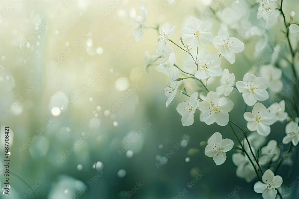 Poster a close-up of elegant white orchids blooming vibrantly against a soft-focus green background. with s