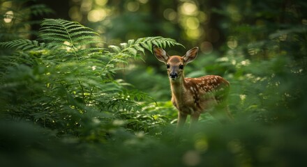 Obraz premium Forest fawn amidst ferns in soft sunlight.