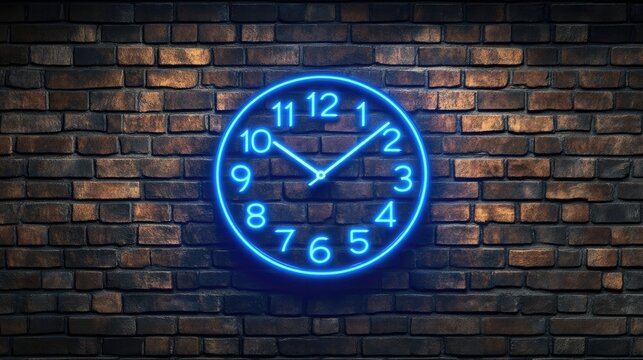 Glowing neon clock on a brick wall