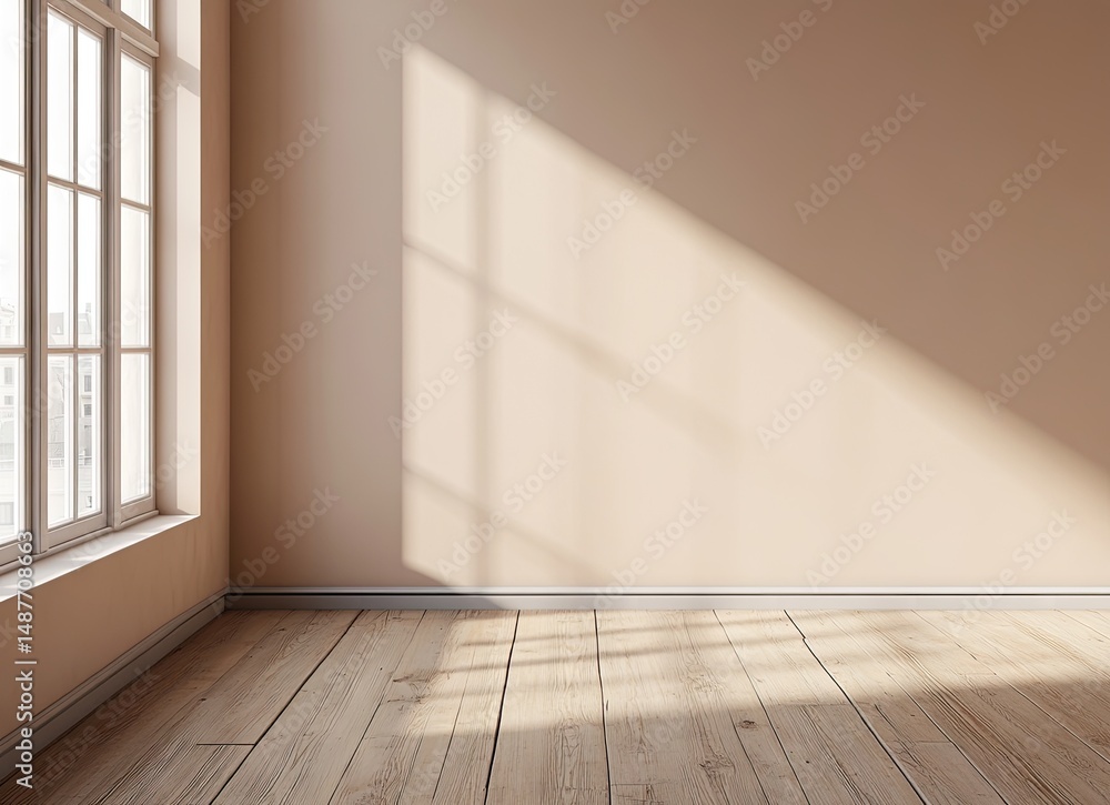 Poster a spacious. sunlit room featuring a large window with mountain views. showcasing a minimalist design