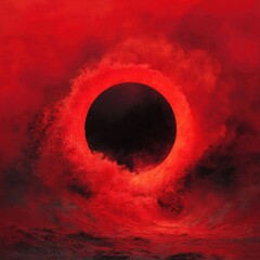 Crimson waves encircle a dark, central void.