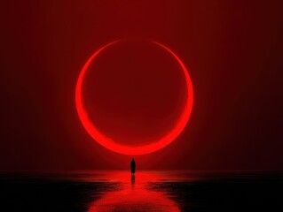 A solitary figure stands beneath a crimson eclipse.