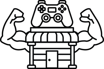 A man with bulging muscles is holding a video game controller