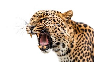 Naklejka premium Close up of a leopard roaring, isolated on white.