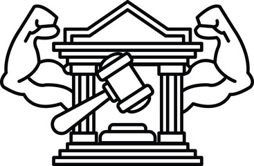 A black and white drawing of a man with his arms raised and a gavel in his hand