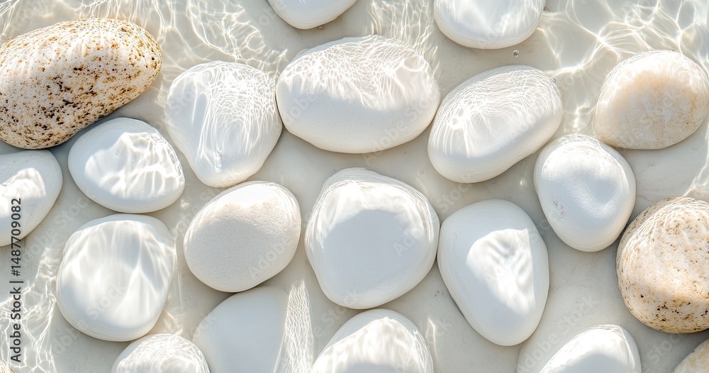 Poster a serene close-up of smooth white pebbles submerged in clear water. reflecting light. creating a tra