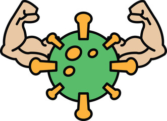 A cartoon of a man with bulging muscles holding a green virus