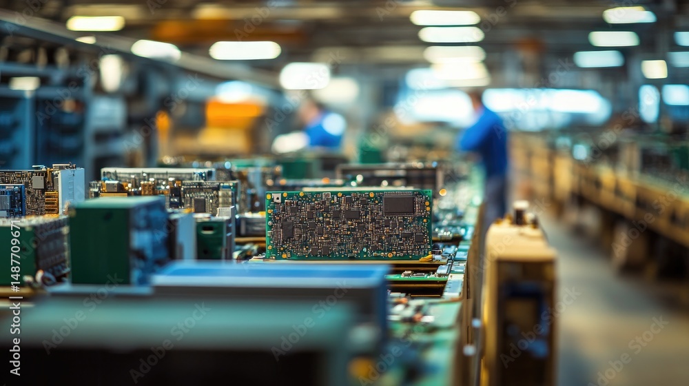 Poster workers in blue uniforms meticulously inspecting and assembling electronic circuit boards in a large