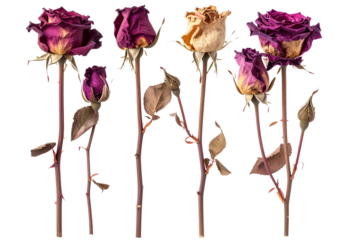 Set of dried rose heads on sticks, one is broken and the other whole, transparent background