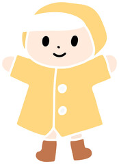 This is a hand-drawn illustration of a child in a yellow raincoat with a joyful expression. Perfect for portraying rainy days, childhood, or cozy weather scenes.