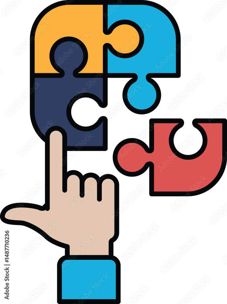 Poster a hand pointing at a puzzle piece with the word 