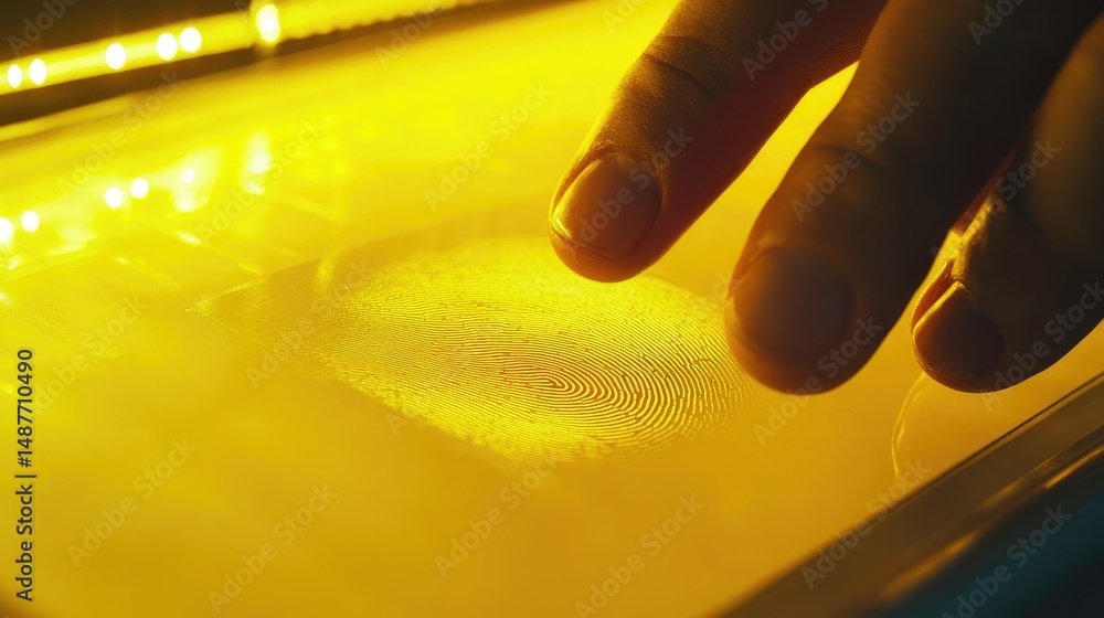 Poster a close-up view of a hand displaying a fingerprint against a softly illuminated background. suggesti