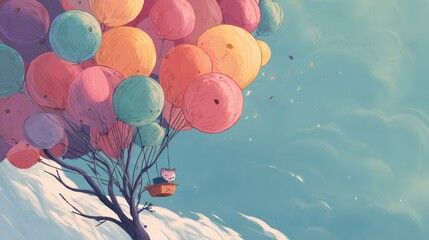 Colorful balloons lift a small figure into the sky.