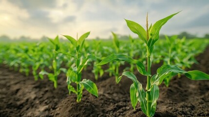 a vast expanse of cultivated corn fields stretches out before you, each vibrant green stalk planted firmly in the rich, dark earth, symbolizing the beauty and abundance of a green world on earth day.
