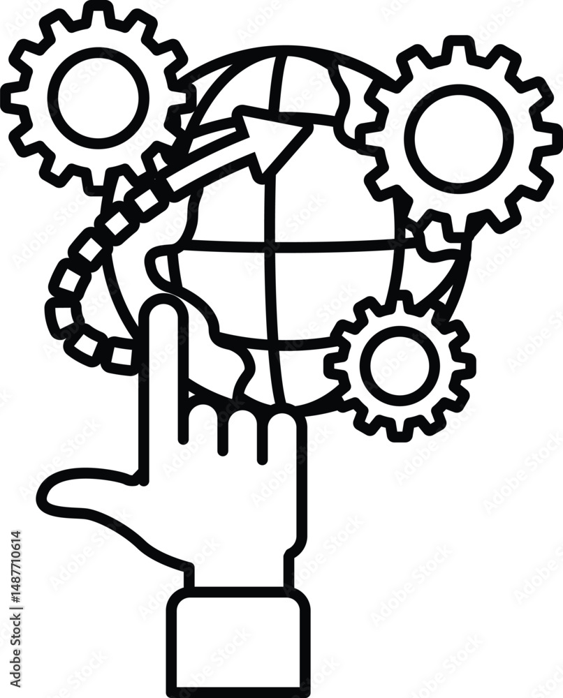 Poster a hand pointing to a globe with gears on it