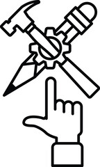 A black and white drawing of a hammer, a pencil, and a wrench