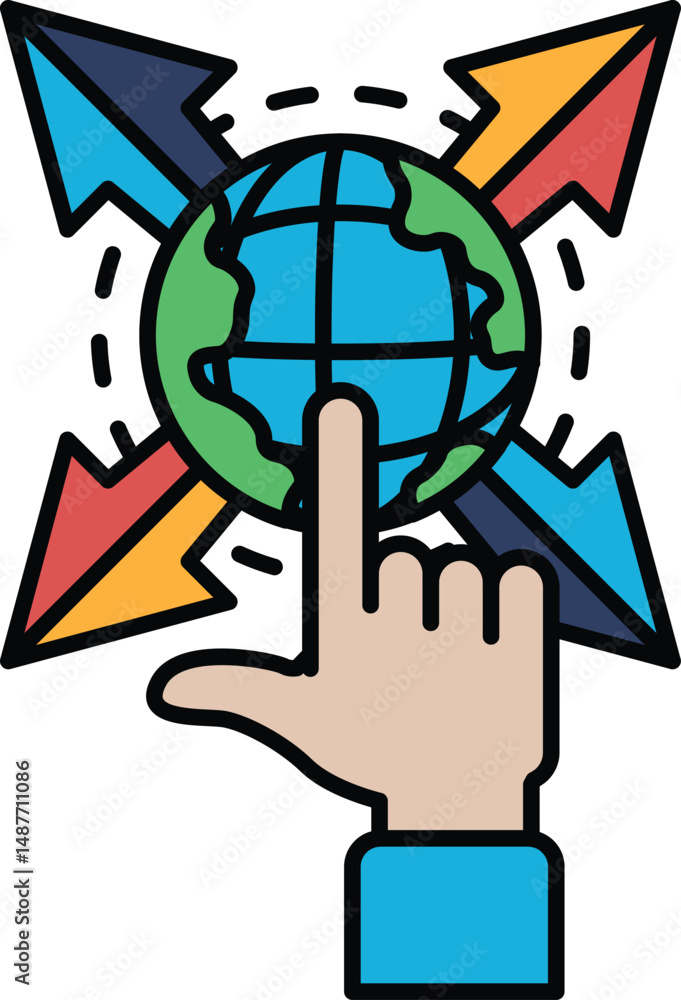 Poster a hand pointing at a globe with arrows pointing in different directions