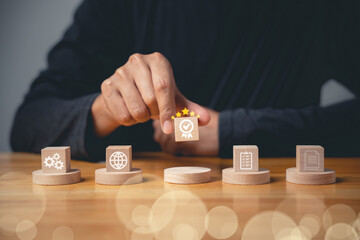 ISO certification concept displayed through smart globe icons with a check mark guarantee icon on a...