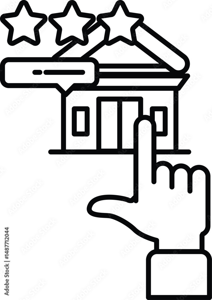 Poster a hand pointing to a building with three stars on it