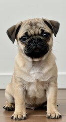 Obraz premium Pug puppy sitting looking forward against a wall