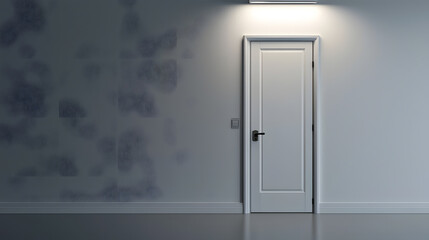Closed meeting room door glowing interior office space photograph ambient lighting exterior view private atmosphere