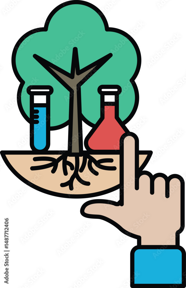 Aufkleber a hand pointing to a tree with a lab and a bottle of liquid