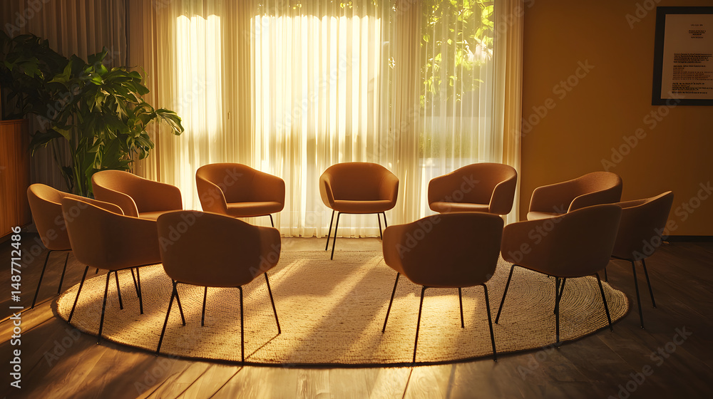 Poster gathering of empty chairs serene room ambient light afternoon setting intimate view reflection on co