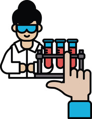 A woman in a lab coat is holding a test tube with a red liquid in it