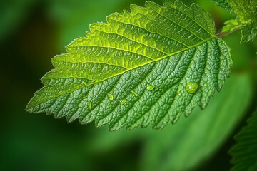 Macro photo of a green leaf with water droplets