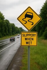  Slippery When Wet Sign on Wet Country Road