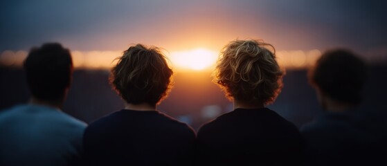 Fototapeta premium Four young men with tousled hair watching sunset together against a glowing horizon creating a serene atmosphere of friendship and connection in a tranquil moment of reflection