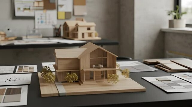 3D animation of architectural table setup with small building models, tools, and house blueprint layouts