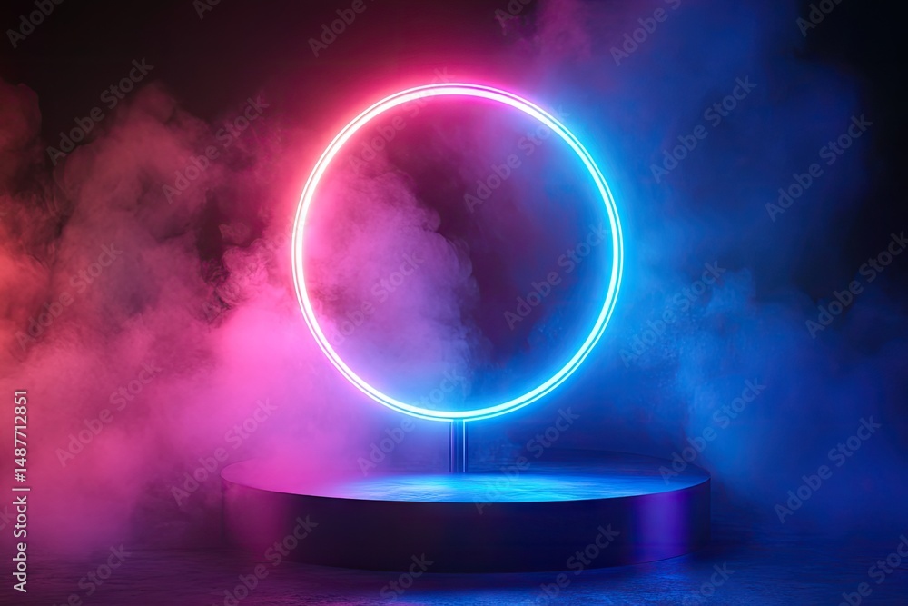 Poster a vibrant neon circle surrounded by colorful smoke and atmospheric lighting. creating a captivating 