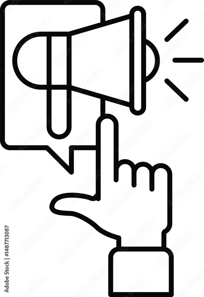 Poster a hand pointing to a microphone with a large speaker behind it
