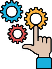A hand pointing at three gears, one of which is red