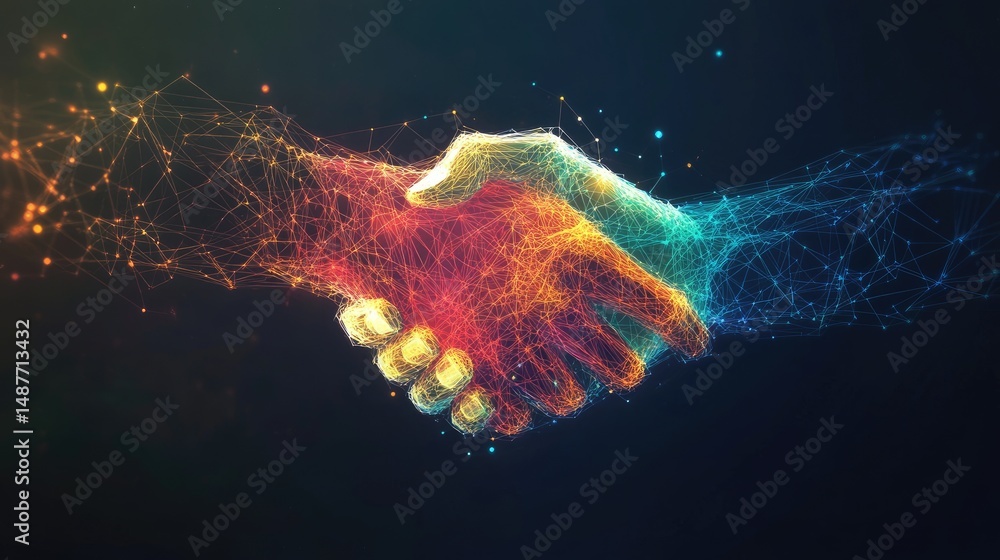Poster a digital representation of two hands shaking. symbolizing unity and collaboration. set against a da