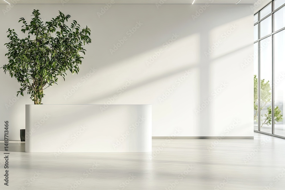 Poster a bright and modern interior reception area featuring a sleek white desk with two green plants. sunl