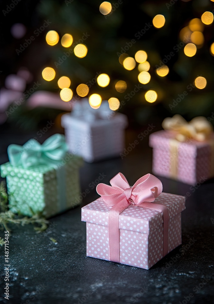 Poster a beautifully arranged set of colorful gift boxes with vibrant ribbons. placed on a dark surface. su