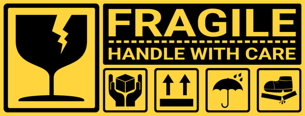 sticker fragile handle with care, black and yellow fragile warning label, fragile label with broken glass symbol, do not trample. vector asset