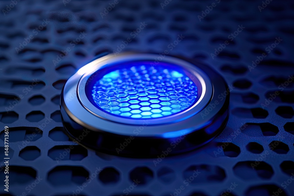 Poster a glowing blue circular button set against a dark. textured background. creating a futuristic ambian