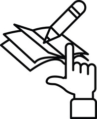 A hand pointing to a book with a pencil on it