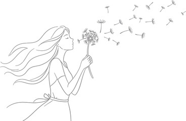 Girl Blowing Dandelions - Minimalist Vector