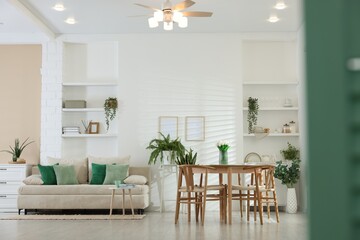 Comfortable sofa, table, chairs and green houseplants indoors. Interior design