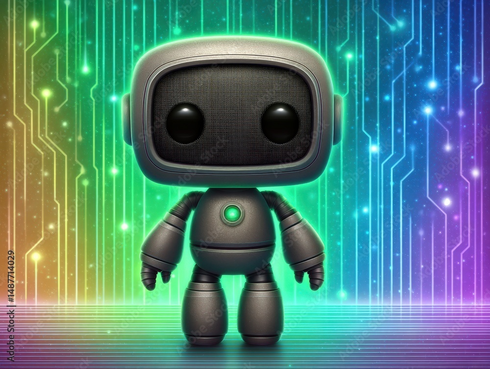 Aufkleber charming futuristic robot character stands against a colorful circuit board backdrop showcasing a bl