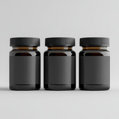 Black Plastic Supplement Jars Mockup with Blank Label. High quality photo
