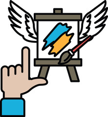 A hand pointing to a painting with a brush and a palette