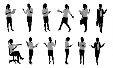 Businesswoman Silhouettes Set - Collection of Standing and Sitting Female Figures in Various Poses for Presentation, Design and Website Use
