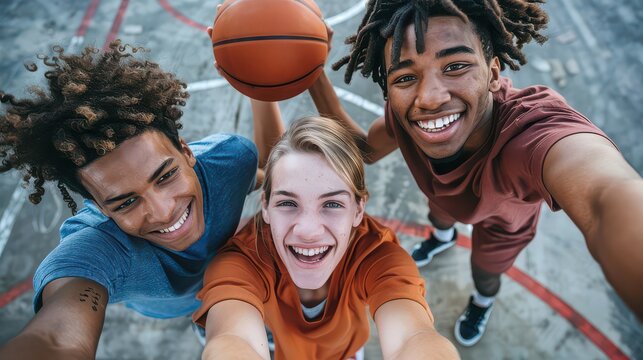 Three smiling friends taking a selfie on a basketball court with one holding a basketball overhead